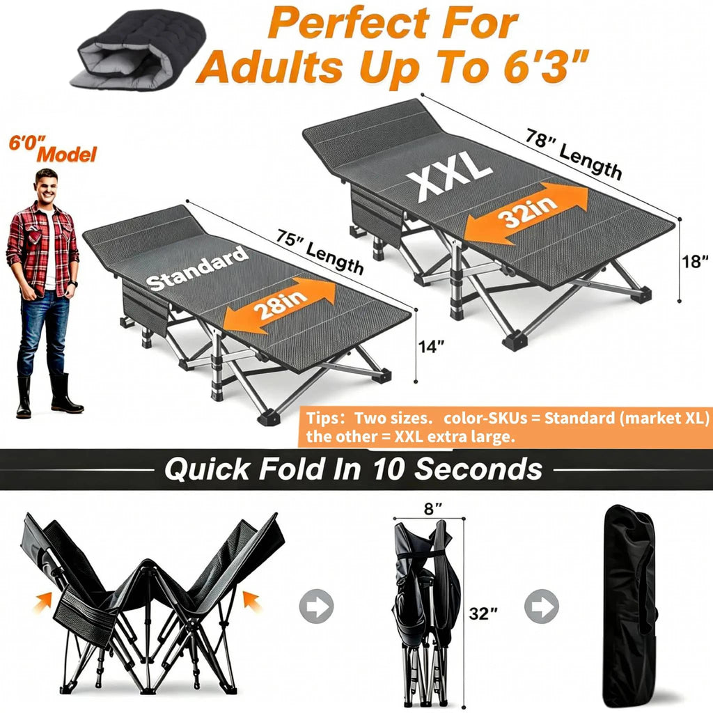Buy 1 Get 1 Free – 2-Pack XXL All-Terrain Camping Cots with 4-Inch Dual-Season Mattresses